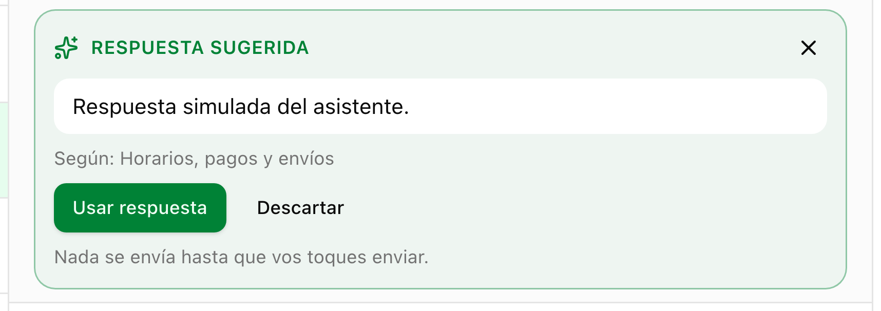 La tarjeta «Respuesta sugerida» con el borrador, la fuente citada y los botones Usar respuesta y Descartar