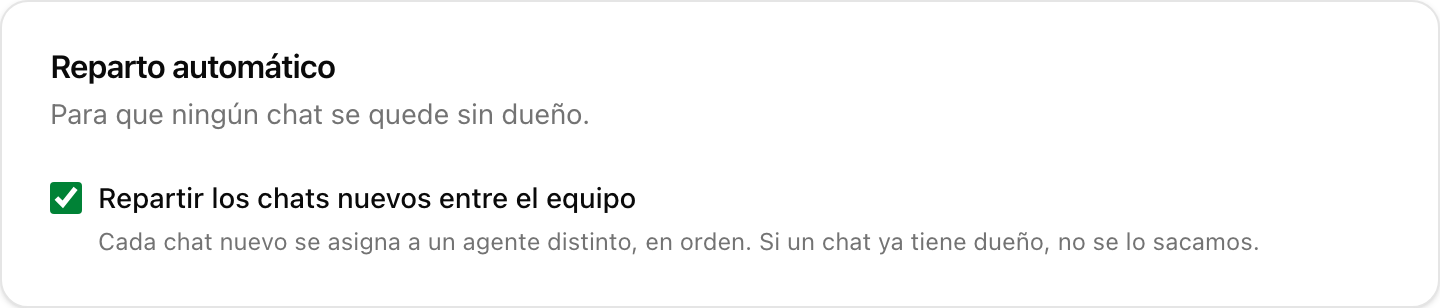 El bloque «Reparto automático» con el tilde para repartir los chats nuevos entre el equipo