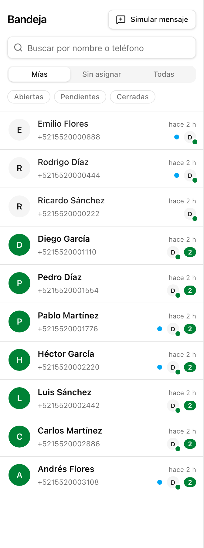 La lista de chats filtrada por la pestaña «Mías»