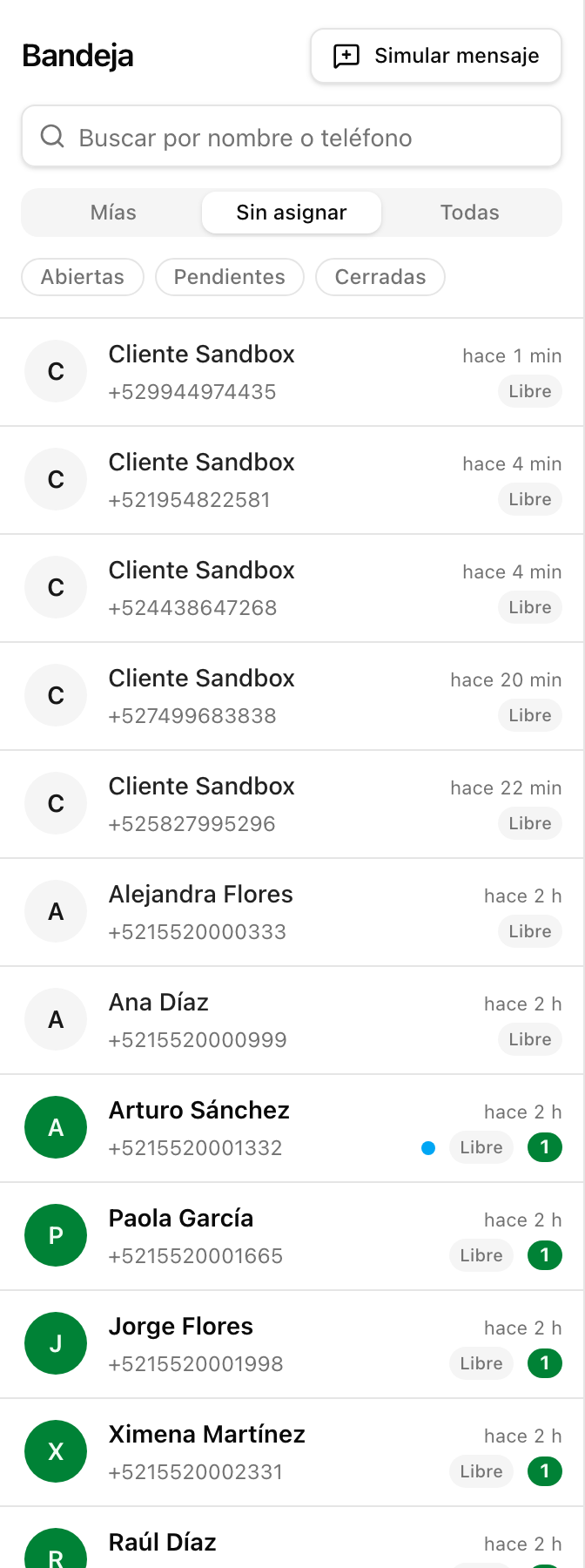 La lista de chats filtrada por la pestaña «Sin asignar», con la palabra «Libre» en cada fila