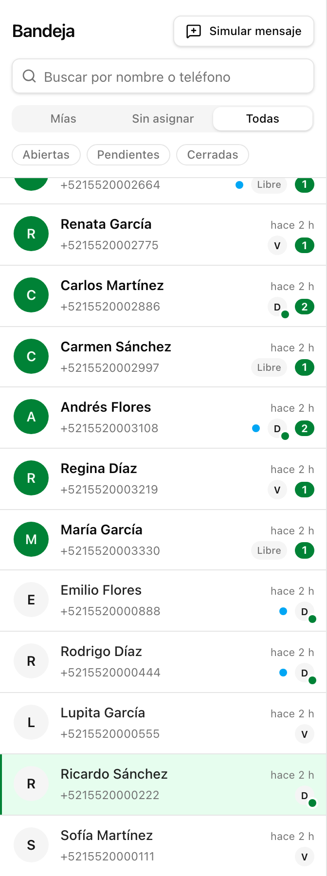 La lista de chats de la bandeja con el buscador, los filtros y varias conversaciones