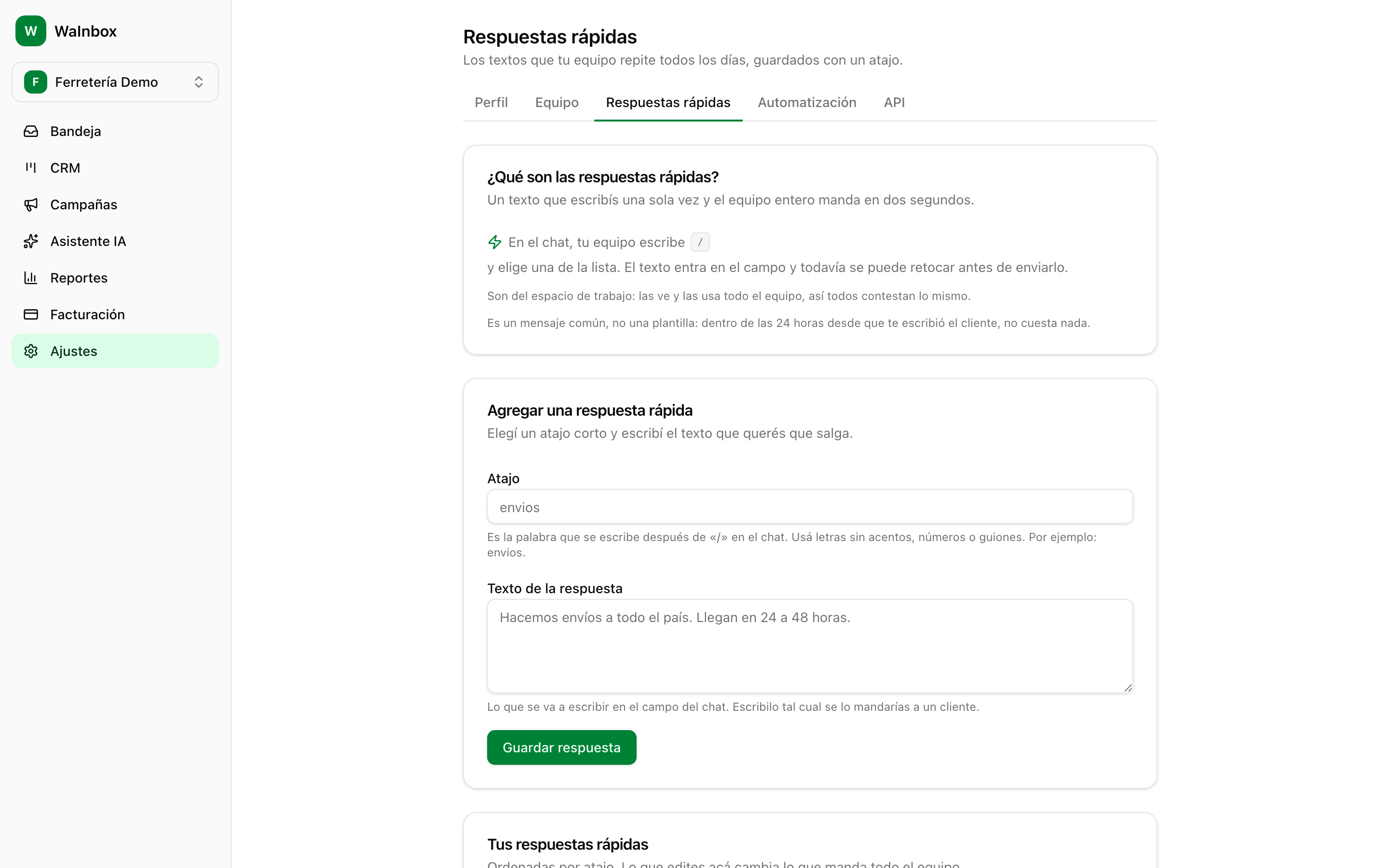 La pantalla de ajustes de respuestas rápidas, con el formulario para agregar una