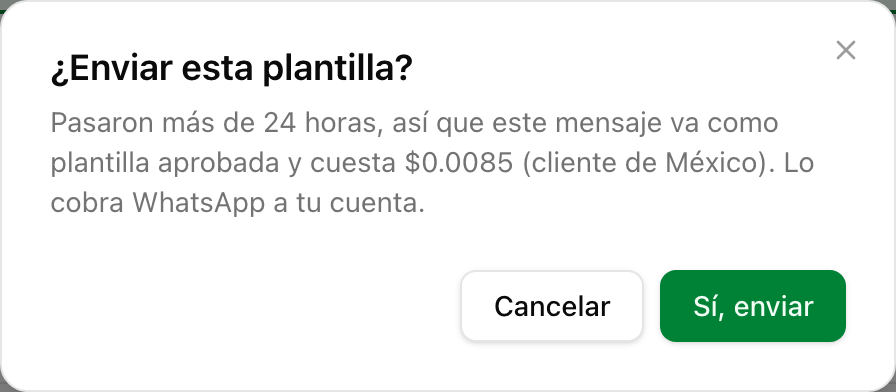 La confirmación «¿Enviar esta plantilla?» con el costo del mensaje