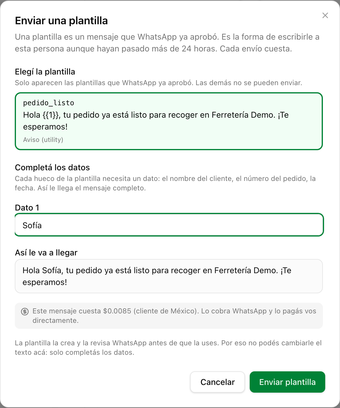 La ventana «Enviar una plantilla» con la plantilla elegida, el dato completado, la vista previa y el costo