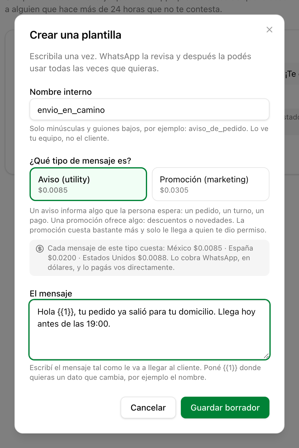 El formulario para crear una plantilla, con nombre, categoría y mensaje