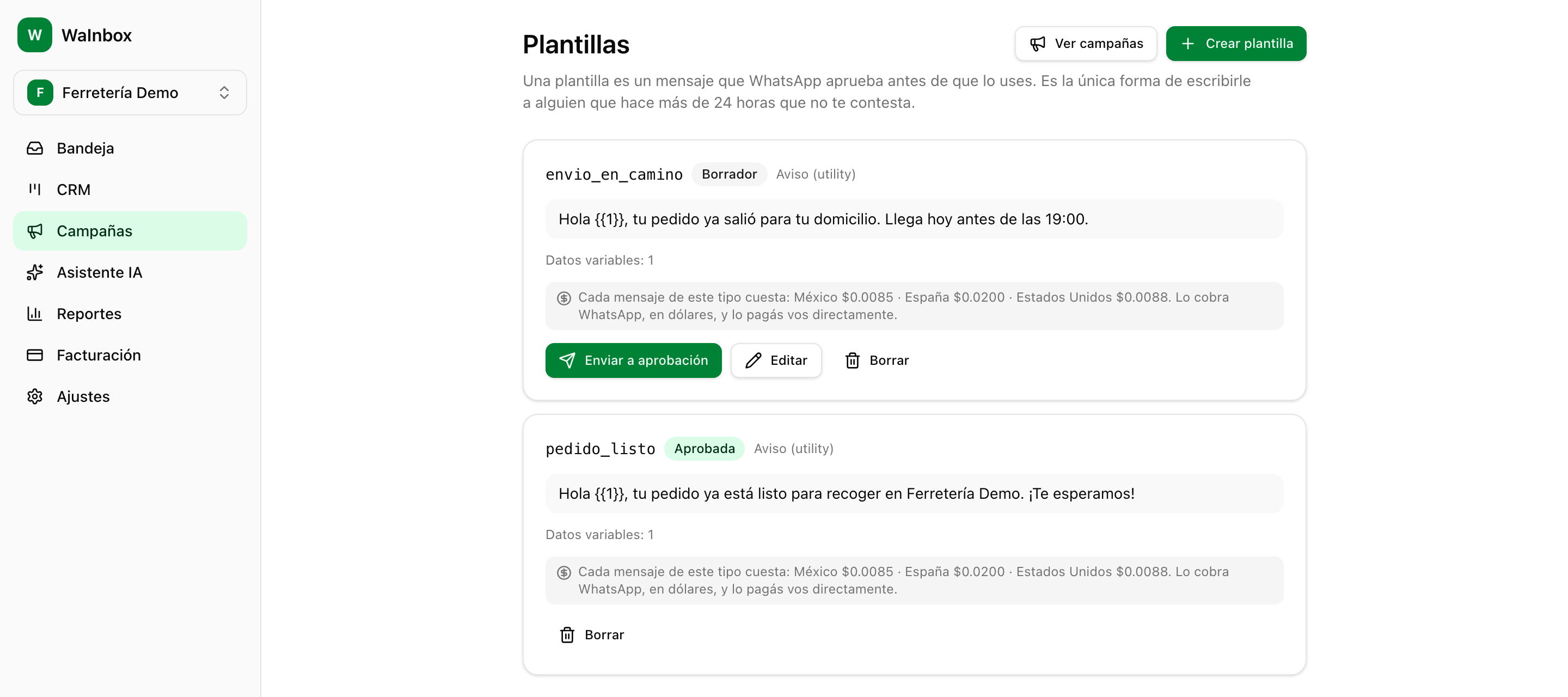La lista de plantillas con una en borrador y otra ya aprobada