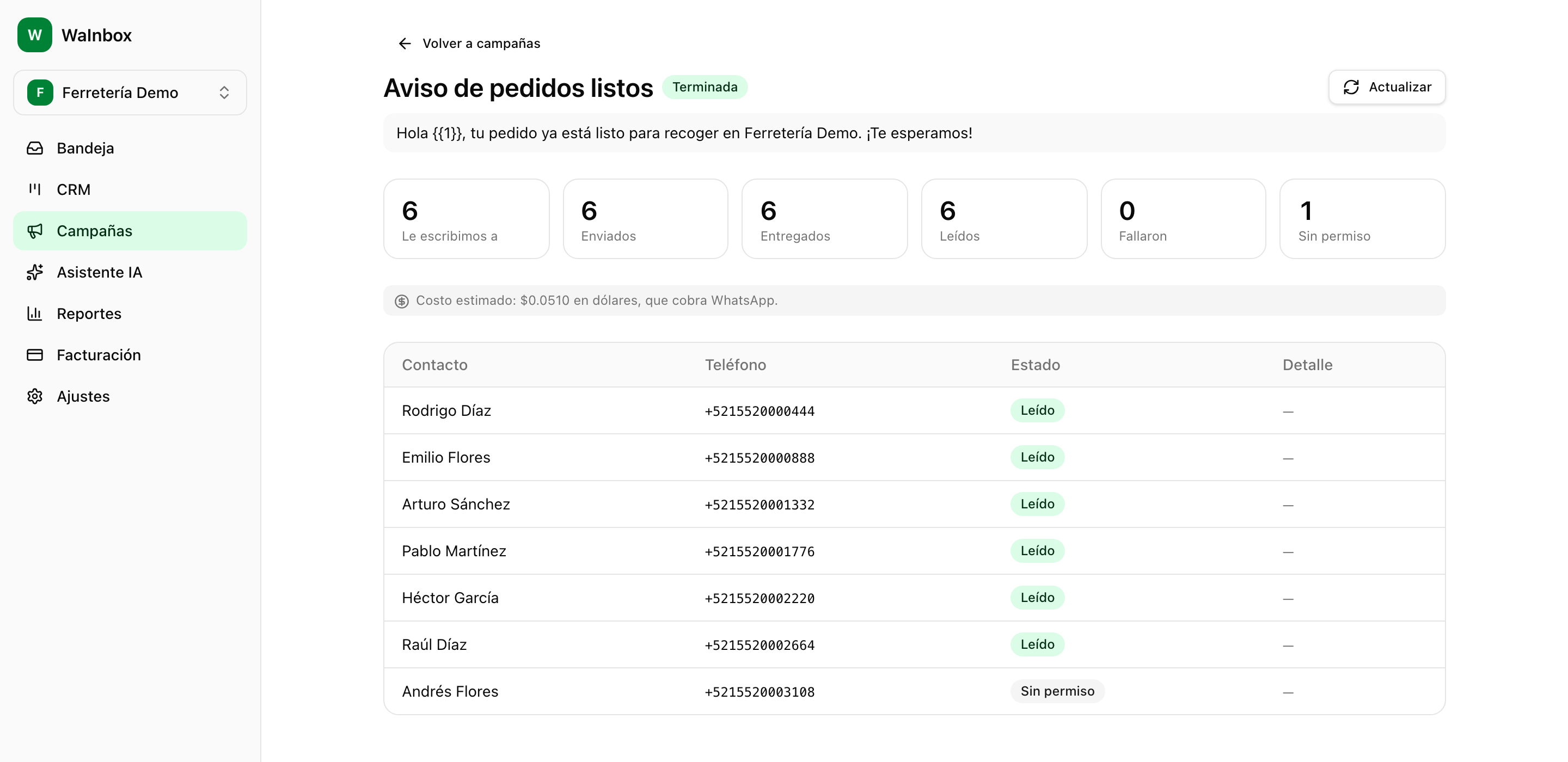 El reporte completo de una campaña, con contadores, costo y la tabla de contactos
