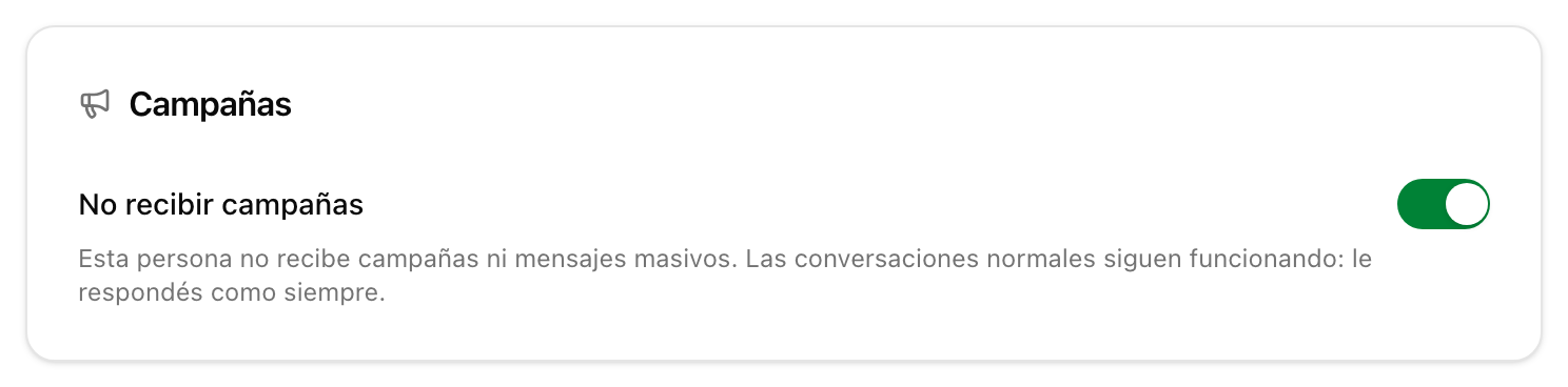 El interruptor «No recibir campañas» prendido en el perfil de un contacto