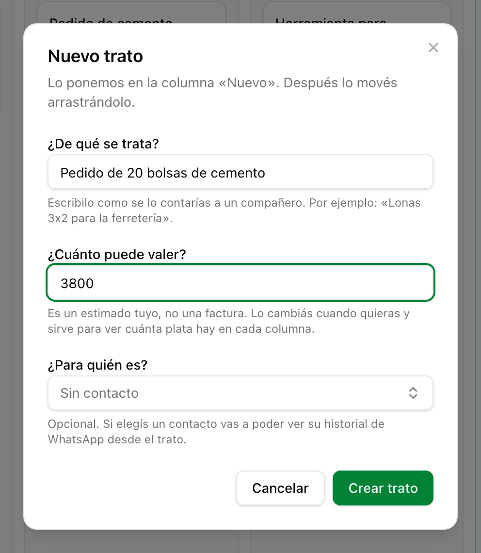 El formulario de un trato nuevo con título, valor y contacto