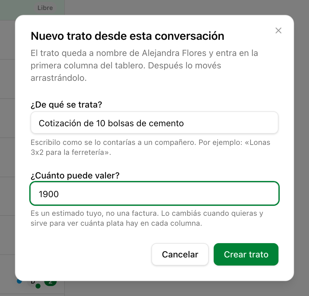 El formulario de un trato nuevo abierto desde una conversación de la bandeja