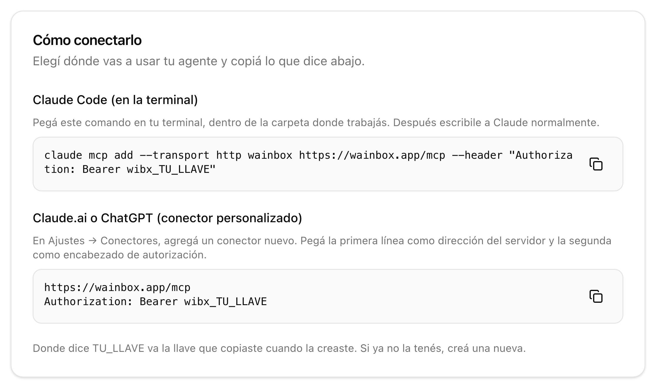 La tarjeta «Cómo conectarlo» con el comando para Claude Code y los datos del conector para Claude.ai o ChatGPT