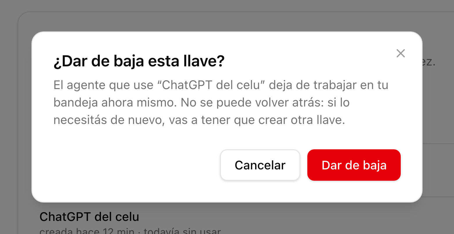 La confirmación antes de dar de baja una llave, explicando que el agente deja de trabajar en la bandeja