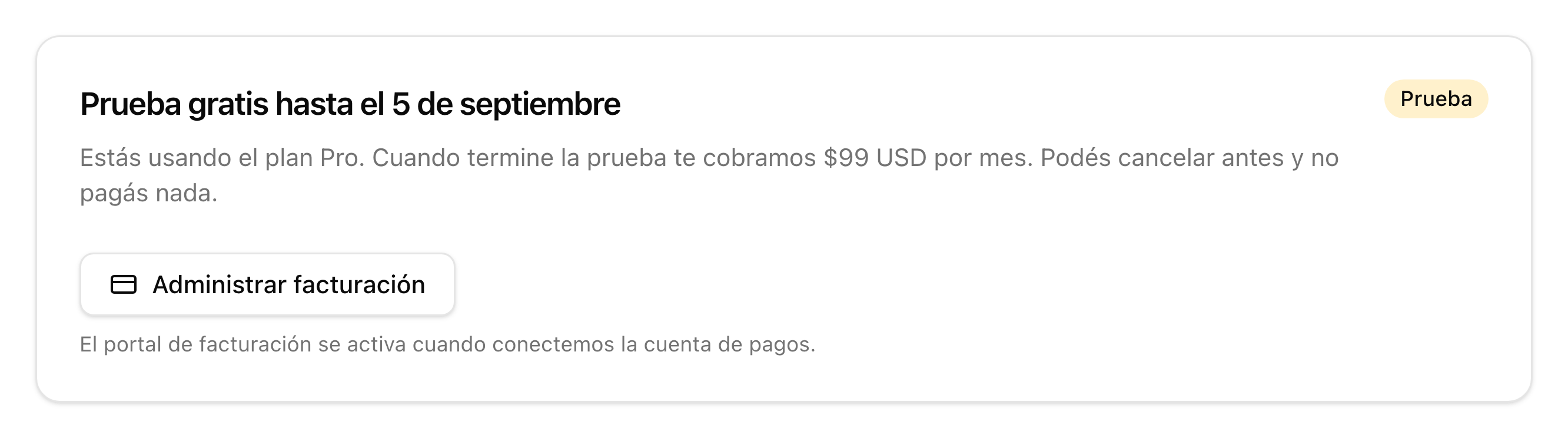 El estado de la cuenta durante la prueba: «Prueba gratis hasta el 5 de septiembre» con la etiqueta Prueba
