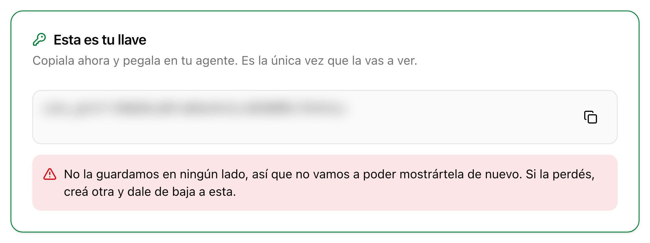 La tarjeta «Esta es tu llave» con el valor de la llave y el aviso de que no se vuelve a mostrar