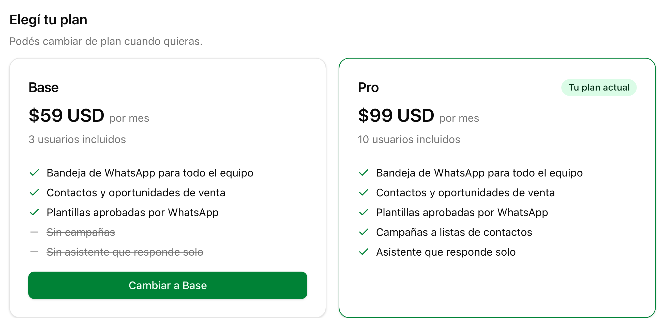 Las tarjetas de los planes Base y Pro en la pantalla de facturación, con precios y qué incluye cada uno