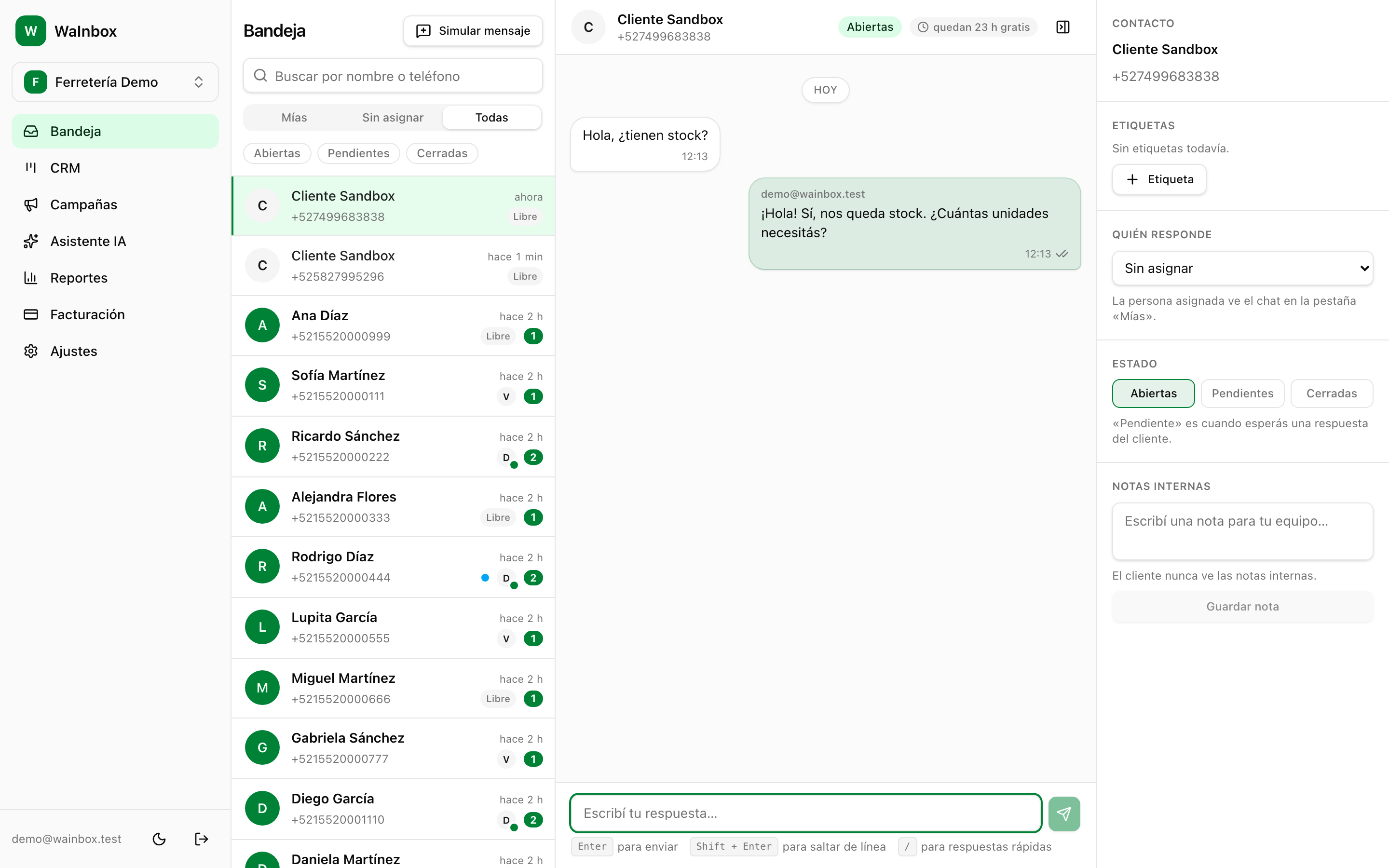 El hilo de la conversación con la respuesta enviada en una burbuja verde